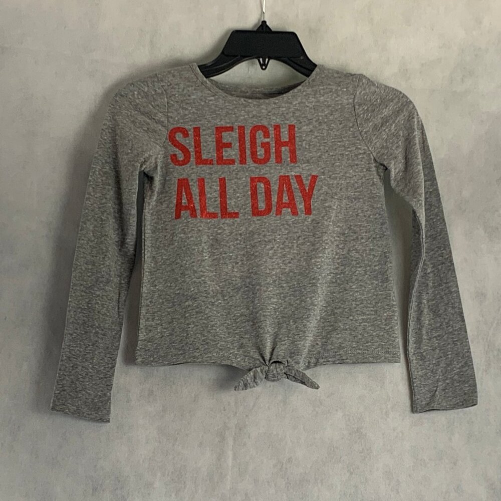 Epic Threads Big Girls Tie-Front Christmas T-Shirt, Gray Sleigh All Day, Small